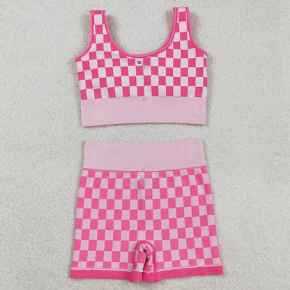 Adult Women Clothes Sleeveless Pink Plaid Vests Top Short Sets GSSO2704 9.1