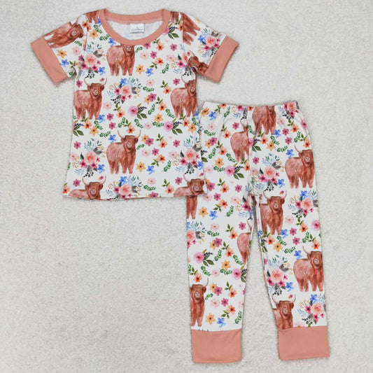 Baby Girls Pajamas Highland Cows Flowers Tops Pants Pajamas Outfits GSPO1439