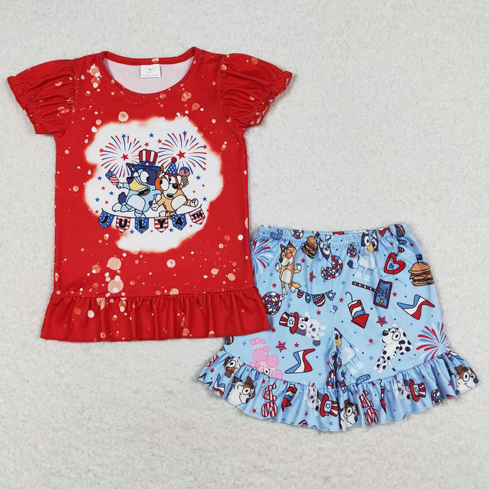 Baby Girls Clothes 4th Of July Dogs Shirt Ruffle Shorts Sets GSSO0804