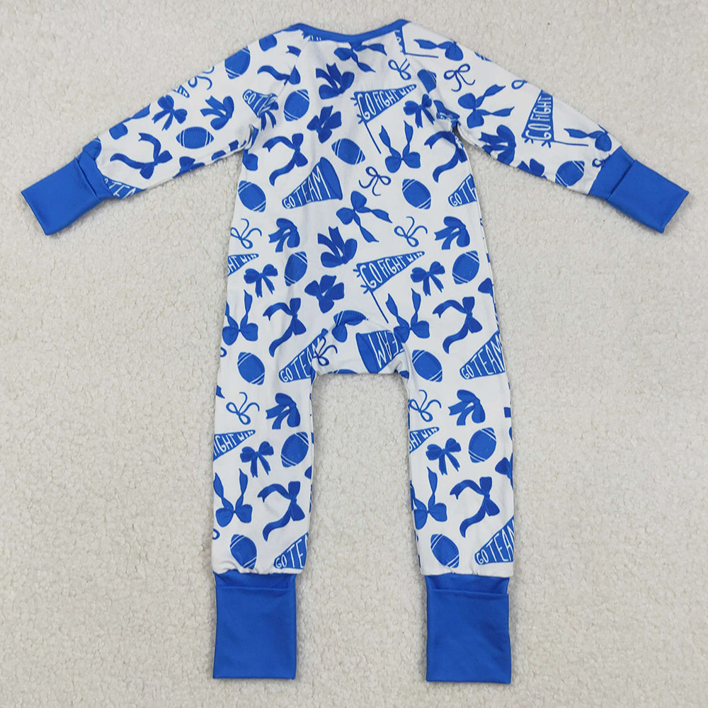 Baby Girls Rompers Blue Bows Cheer Footballs Ruffle Zipper Footie Rompers LR2511 9.2