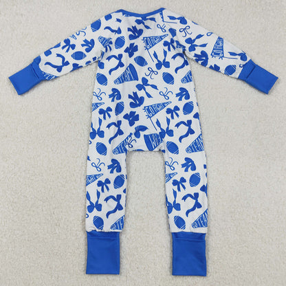 Baby Girls Rompers Blue Bows Cheer Footballs Ruffle Zipper Footie Rompers LR2511 9.2