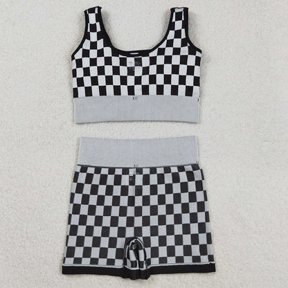 Adult Women Clothes Sleeveless Black Plaid Vests Top Short Sets GSSO2703 9.1