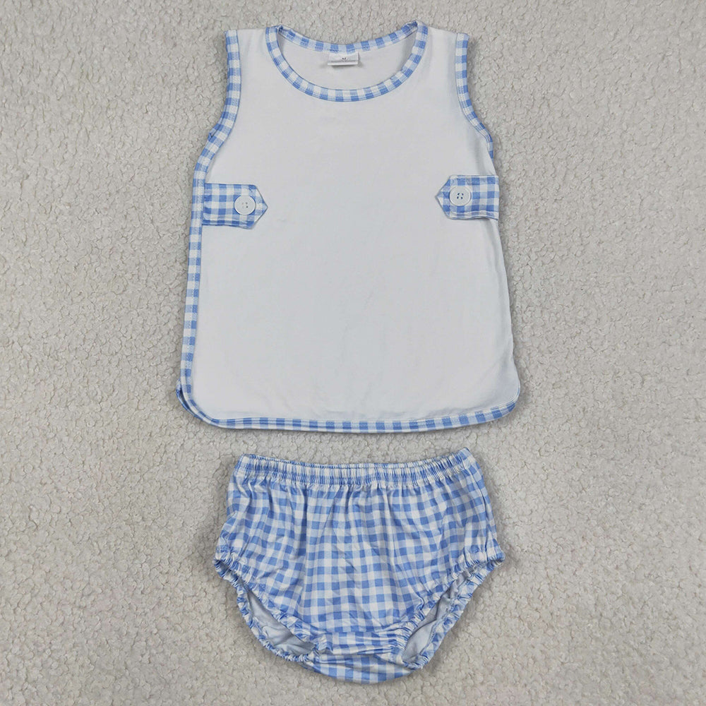 Baby Girls Clothes Sleeveless Tunic Blue Checked Bummies Clothes Sets GBO0532