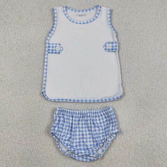 Baby Girls Clothes Sleeveless Tunic Blue Checked Bummies Clothes Sets GBO0532