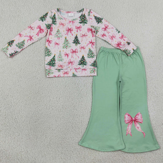 Baby Girls Clothes Pink Bows Trees Top Flare Pant Christmas Clothes Sets GLP3539