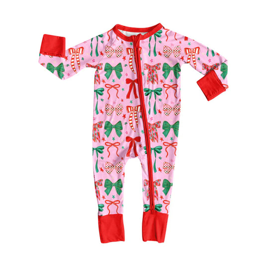 Preorder(moq 5)Baby Girls Red Green Bows Stars Plaid Zipper Pant Rompers 7.26