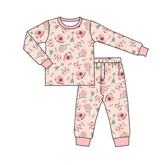 Preorder (moq 5)Baby Girls Flower Hearts XOXO Top Pants Valentines Pajamas Sets 11.26