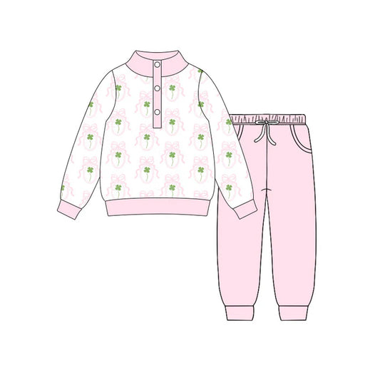 Preorder(moq 5) Baby Girls Clovers Bows Checked Button Top Pockets Jogger St Patrick Clothes Sets 10.31