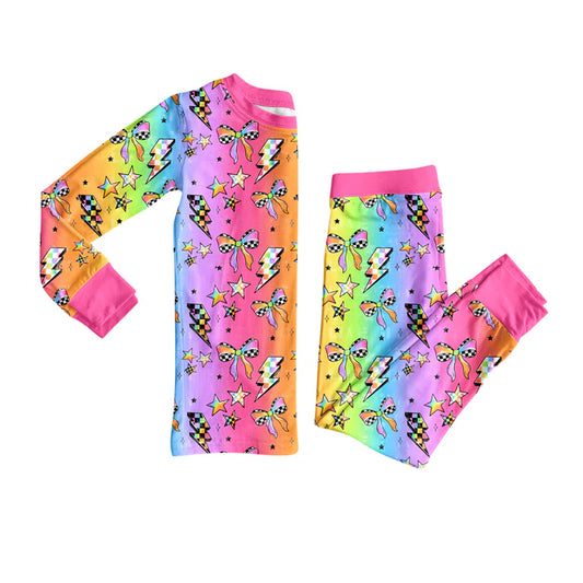 Preorder (moq 5)Baby Girls Colorful Bows Lights Plaid Top Pant Pajamas Set 8.1