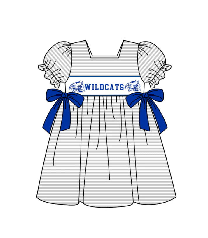 Preorder (moq 5)Baby Girls Wildcats Bows Stripe Team Knee Length Dresses 12.5