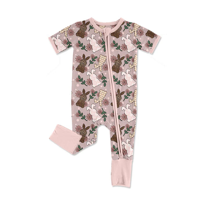 Preorder (moq 5)Baby Girls Leopard Rabbits Easter Two Way Zip Convertible Rompers 12.12