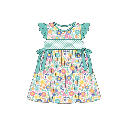 Preorder (moq 5)Baby Girls Green Flutter Sleeves Bows Colorful Floral Knee Length Dresses 5.15