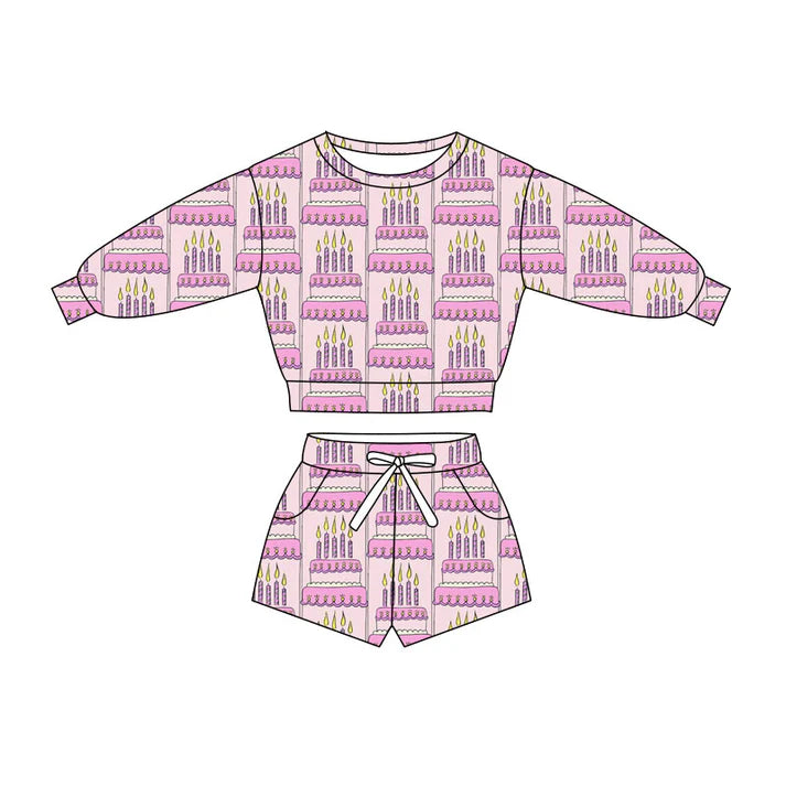 Preorder(moq 5) Baby Girls Pink Happy Birthday Day Cakes Long Sleeve Pockets Shorts Clothes Sets 10.27