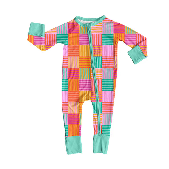 Preorder (moq 8)Baby Girls Colorful Stripe Checked Zipper Footie Rompers 9.26
