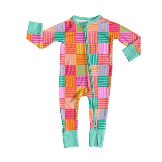 Preorder (moq 8)Baby Girls Colorful Stripe Checked Zipper Footie Rompers 9.26