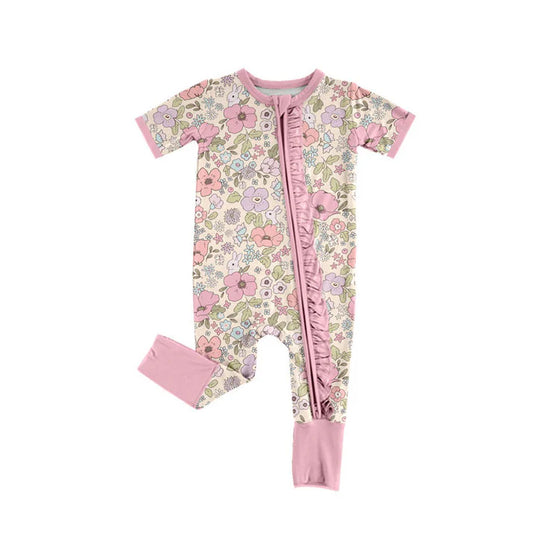 Preorder (moq 8)Baby Girls Flowers Rabbits Easter Ruffle Zipper Footie Rompers 9.17