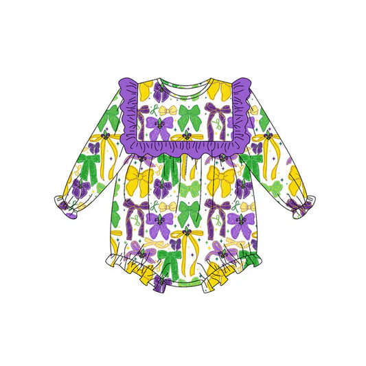 Preorder (moq 8)Baby Girls Purple Yellow Green Bows Stars Mardigras Ruffle Rompers 9.11