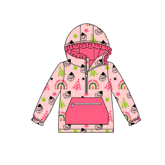 Preorder(moq 5) Baby Girls Long Sleeves Christmas Trees Green Face Pocket Zipper Hoodies 8.15