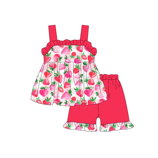 Preorder (moq 5)Baby Girls Red Strap Hearts Strawberry Tunic Ruffle Short Set 4.25
