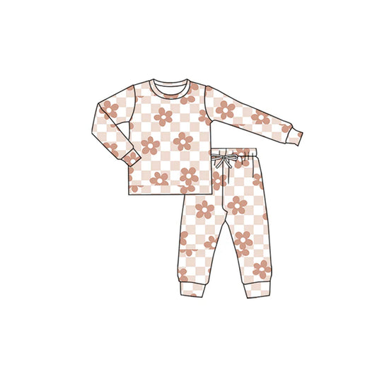 preorder(moq 5) Baby Girls Long Sleeves Pink Flowers Plaid Top Pants Pajamas Set 7.24