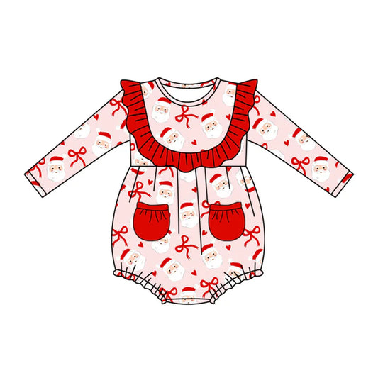 Preorder (moq 5)Baby Girls Pink Long Sleeves Bows Santa Pockets Ruffle Rompers 5.17