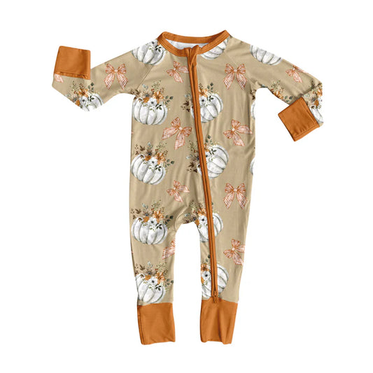 Preorder(moq 5)Baby Girls Khaki Pumpkins Bows Plaid Zipper Pant Rompers 7.26