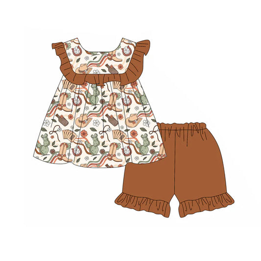 Preorder moq 5 Baby Girls Brown Sleeveless Boots Hats Tunic Ruffle Short Set 4.19