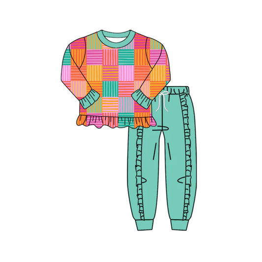 Preorder(moq 8)Baby Girls Colorful Stripe Checked Ruffle Tunic Pants Clothes Sets 9.26