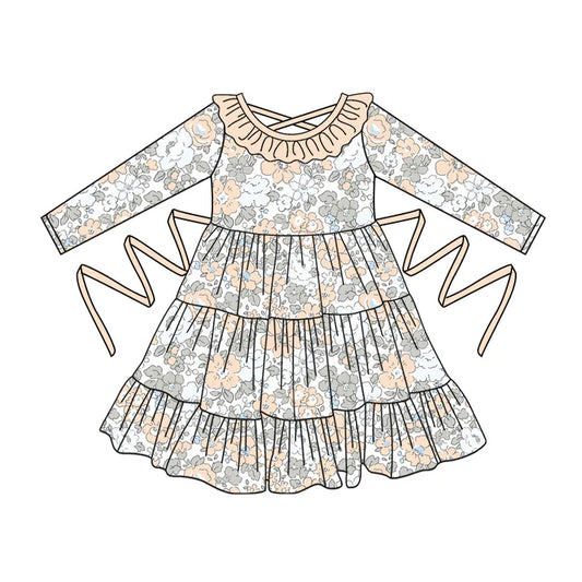 Preorder moq 5 Baby Girls Long Sleeves Creamy White Floral With Belt Ruffle Knee Length Dresses 5.2
