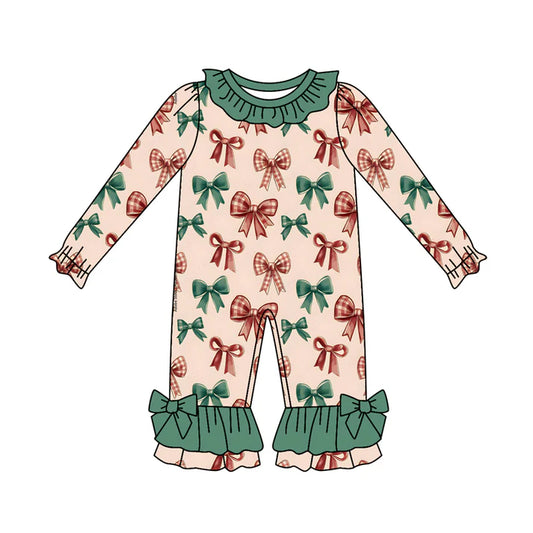 Preorder (moq 5)Baby Girls Long Sleeves Green Red Bows Plaid Ruffle Pant Rompers 6.4