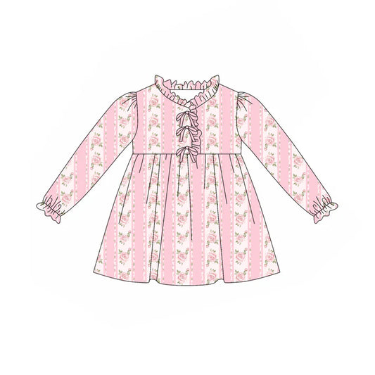 Preorder(moq 5) Baby Girls Long Ruffle Sleeves Pink Flower Stripe Knee Length Dresses 7.24