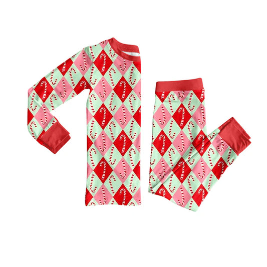 Preorder (moq 5)Baby Girls Long Sleeves Red Plaid Candy Cane Top Pant Pajamas Set 6.17