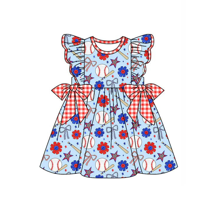 Preorder moq 5 Baby Girls Flutter Sleeves Baseballs Flowers 4th Of July Knee Length Dresses 4.22