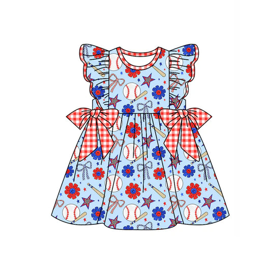 Preorder moq 5 Baby Girls Flutter Sleeves Baseballs Flowers 4th Of July Knee Length Dresses 4.22