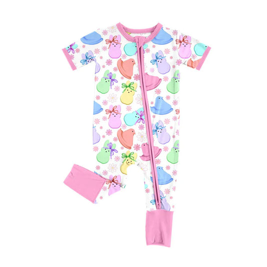Preorder (moq 8)Baby Girls Colorful Rabbits Chicks Flowers Easter Zipper Footie Rompers 9.30