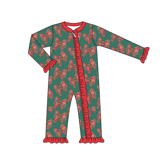 Preorder (moq 5)Baby Girls Green Long Sleeves Red Plaid Bows Ruffle Zipper Romper 7.3