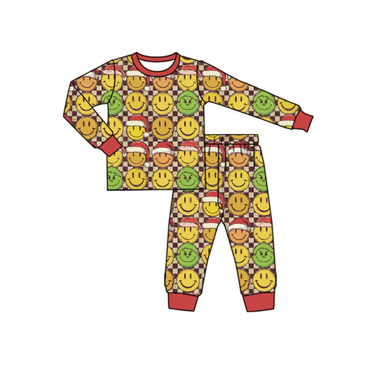 Preorder(moq 5) Baby Boys Long Sleeves Green Faces Smiles Plaid Top Pants Pajamas Set 7.23