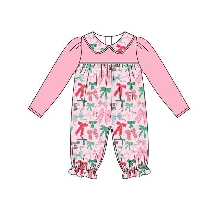 Preorder (moq 5)Baby Girls Pink Long Sleeves Colorful Bows Ruffle Pant Rompers 5.27