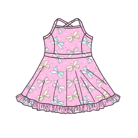 Preorder (moq 5)Baby Girls Strap Pink Hearts Bows Shorts Ruffle Valentine Knee Length Dresses 9.5