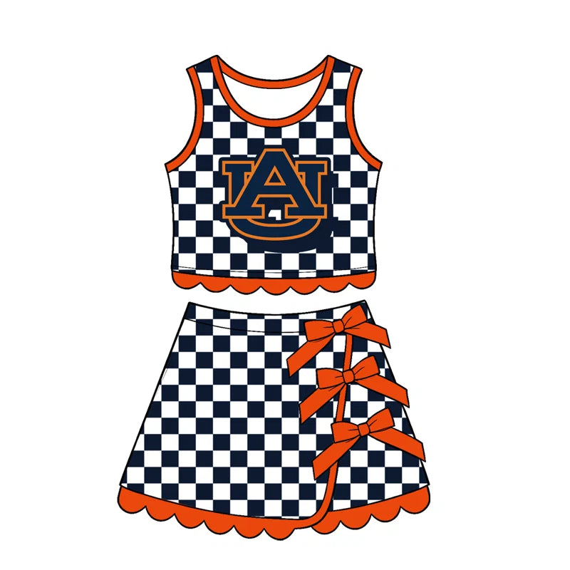 Preorder Baby Girls Black Checked AU Top Bows Skirt Short Scallop Clothes Set GSD4281