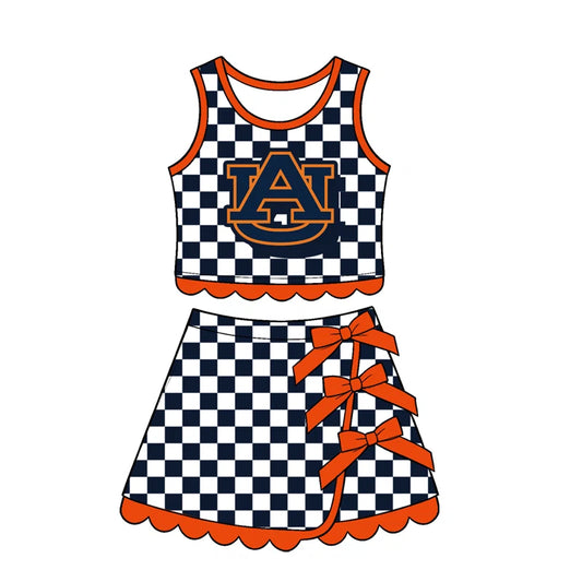 Preorder Baby Girls Black Checked AU Top Bows Skirt Short Scallop Clothes Set GSD4281