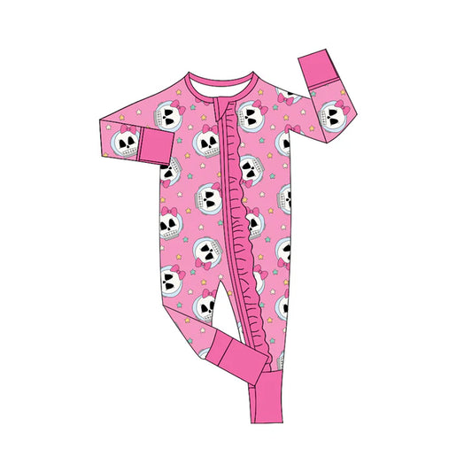 Preorder (moq 5)Baby Girls Pink Long Sleeves Bows Skulls Stars Plaid Ruffle Zipper Romper 7.3
