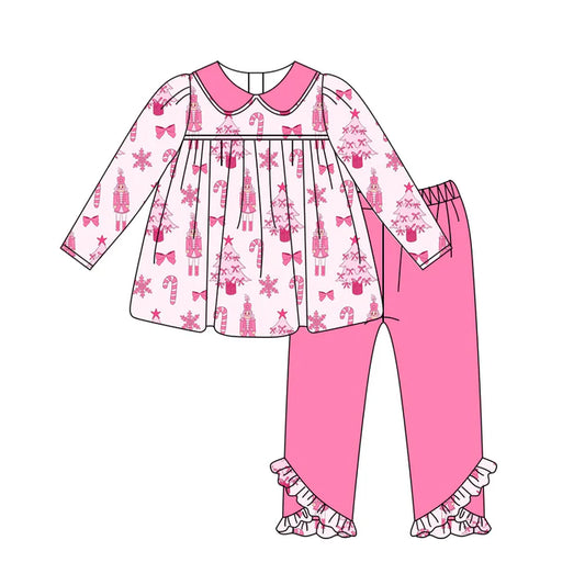 Preorder (moq 5)Baby Girls Pink Long Sleeves Soldier Trees Tunic Ruffle Pant Set 6.18