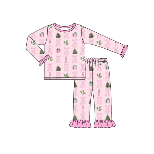 Preorder (moq 5)Baby Girls Long Ruffle Sleeves Bows Trees Plaid Top Pant Pajamas Sets 6.11