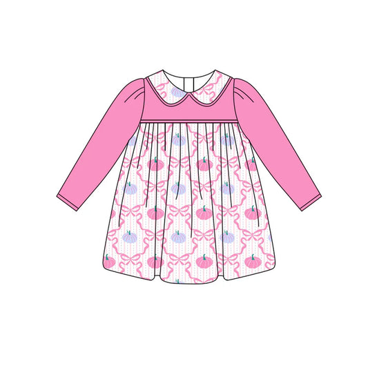 Preorder (moq 5)Baby Girls Pink Long Sleeves Bows Pumpkins Plaid Knee Length Dresses 6.3