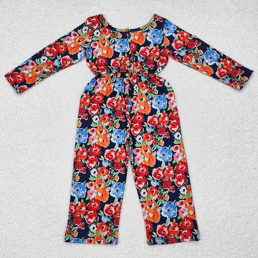 Baby Girls Jumpsuits Orange Navy Flowers Long Sleeve Fall Jumpsuits LR1836