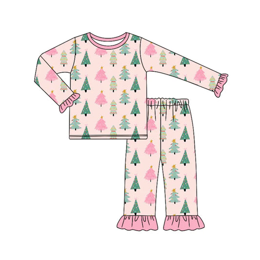 Preorder (moq 5)Baby Girls Peach Long Ruffle Sleeves Trees Plaid Top Pant Pajamas Set 6.17