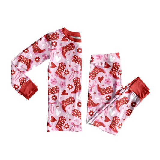 Preorder (moq 5)Baby Girls Boots Bows Flowers Top Pants Valentine Pajamas Sets 9.3