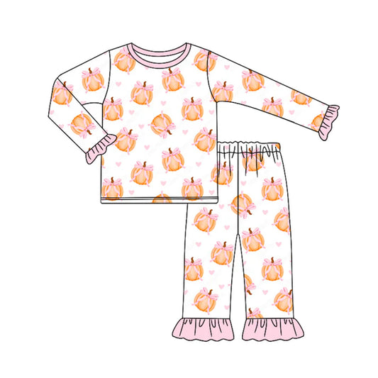 Preorder (moq 5)Baby Girls Long Ruffle Sleeves Hearts Bows Pumpkins Top Pant Pajamas Set 6.17