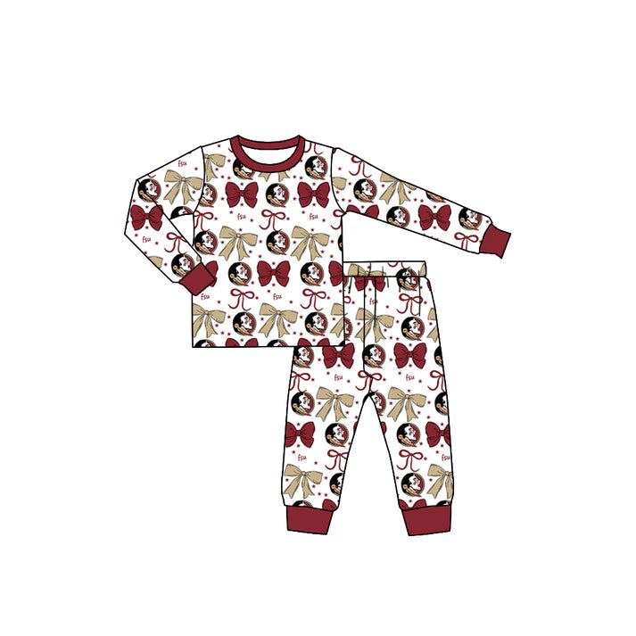 Preorder (moq 5)Baby Girls Red FSU Team Bows Top Pants Pajamas Sets 8.29